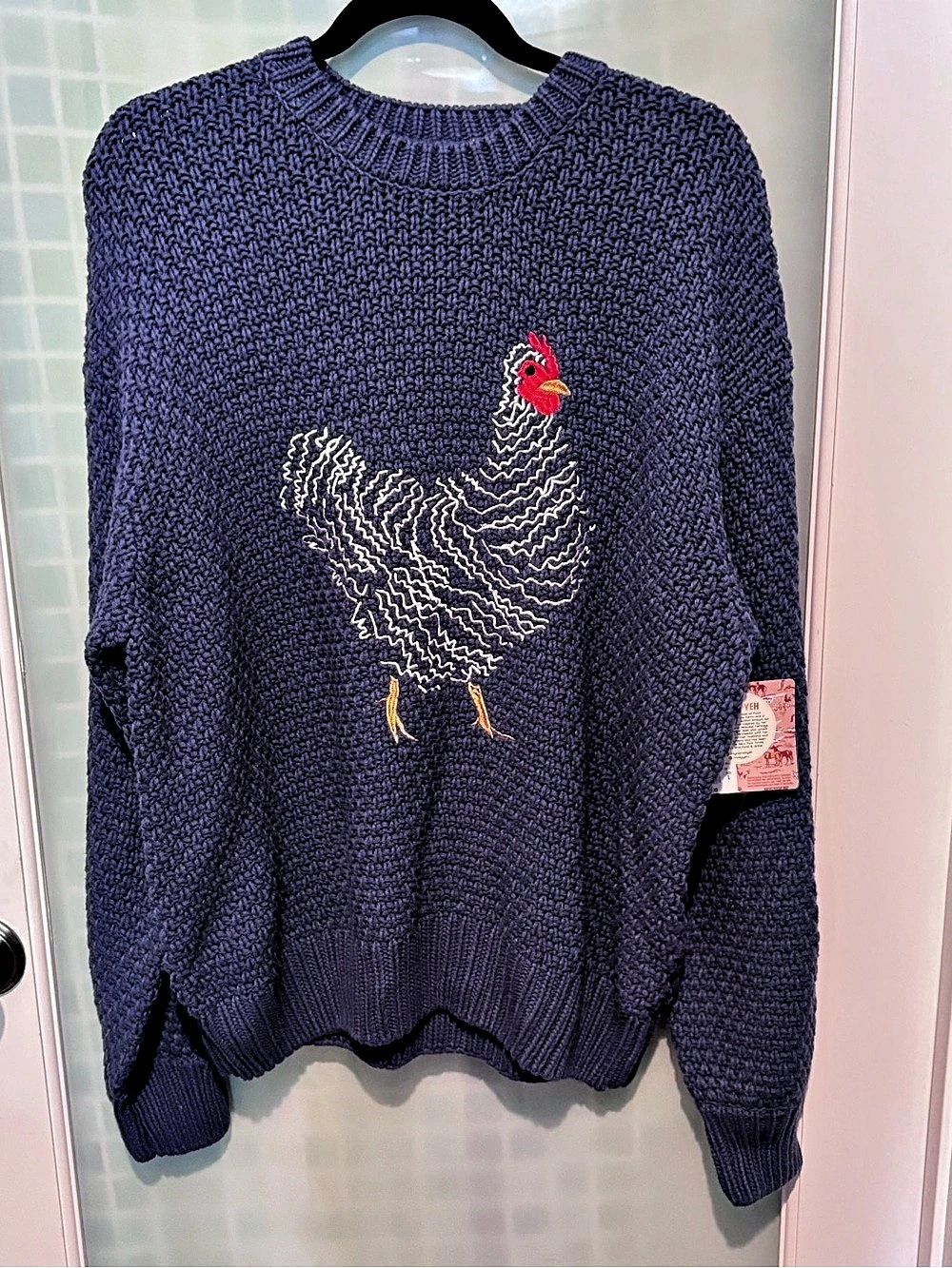 Molly Yeh Chicken Embroidered Blue Knit Crewneck Sweater Large